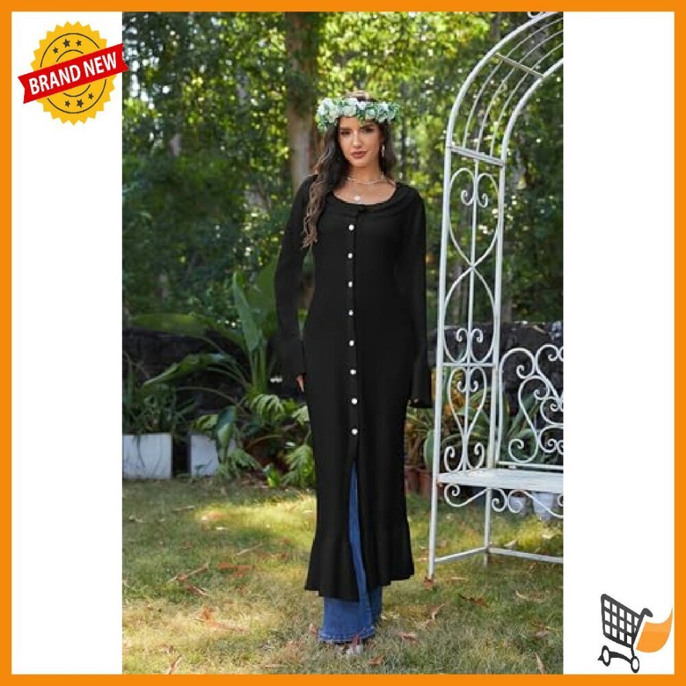 Maxi Cardigan Sweater Duster Button Down Scoop Collar Bell Sleeve - Picture 7 of 8